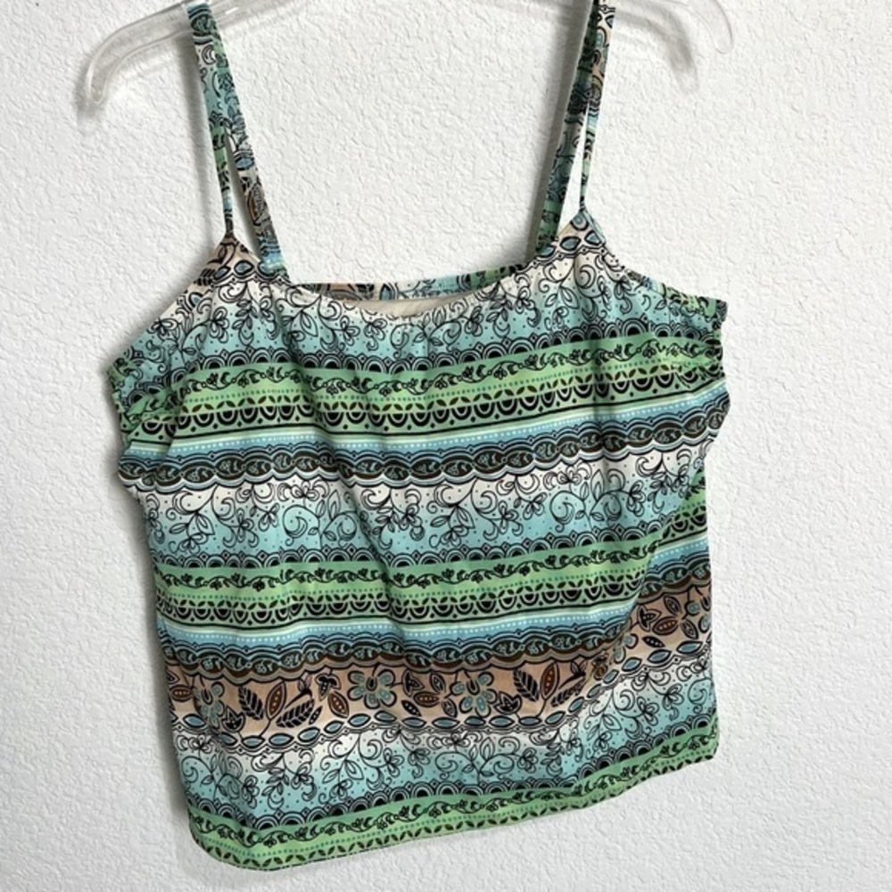 Baltex Blue Green Boho Indie Motif Tankini Top Built in Bra Like New 20W